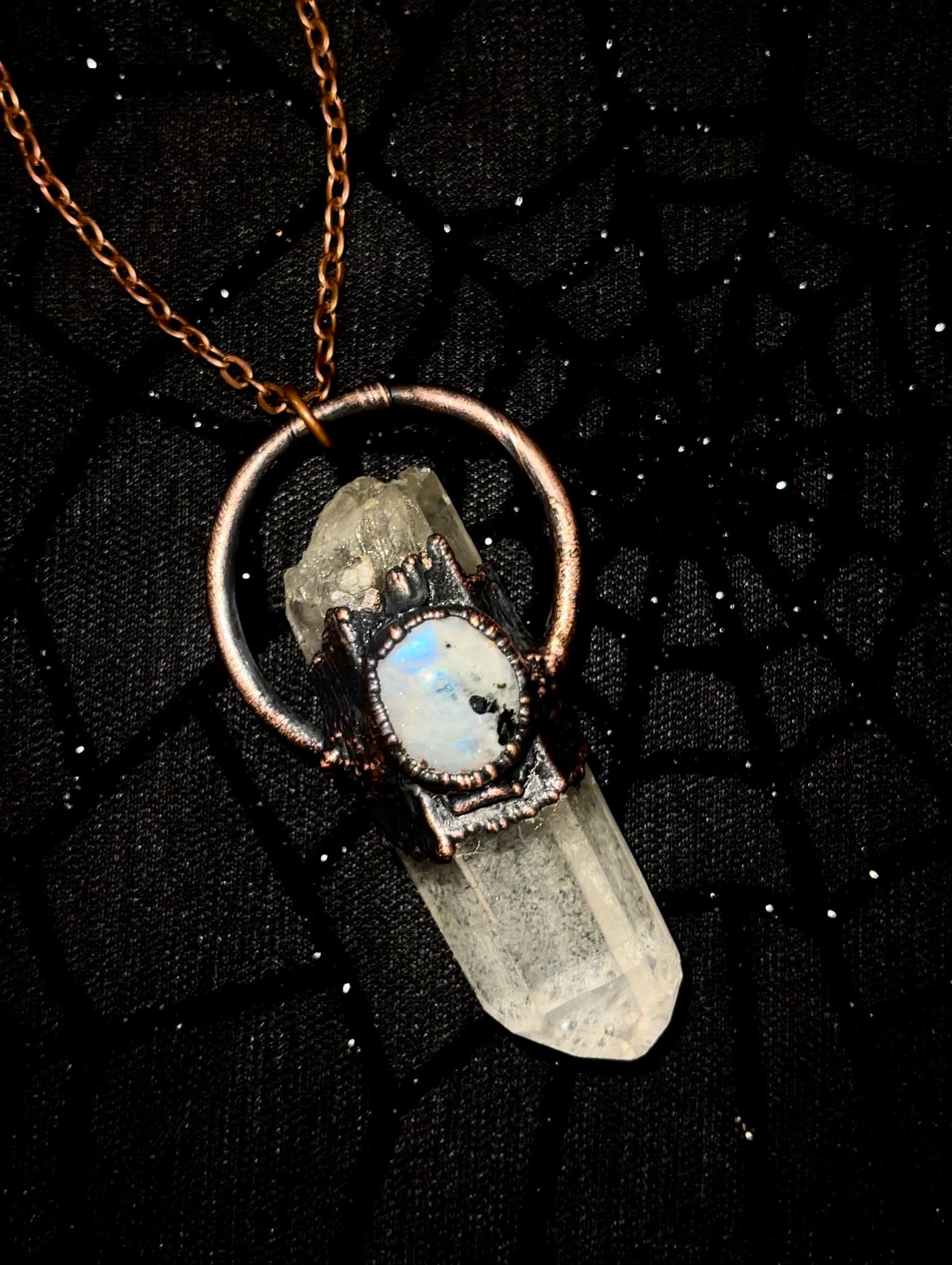 Rainbow Moonstone + Quartz Copper Electroformed Pendant- Handmade