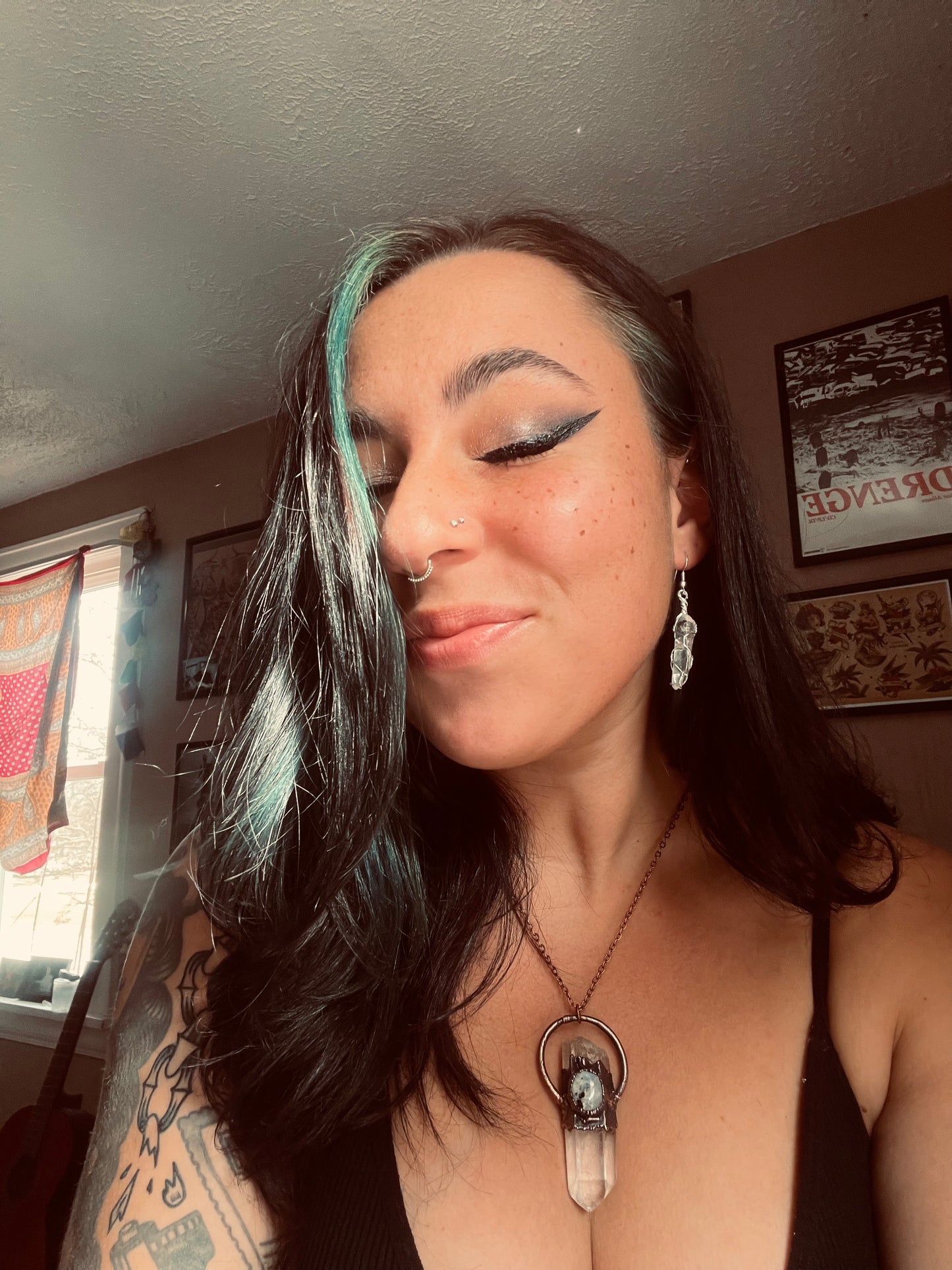Rainbow Moonstone + Quartz Copper Electroformed Pendant- Handmade